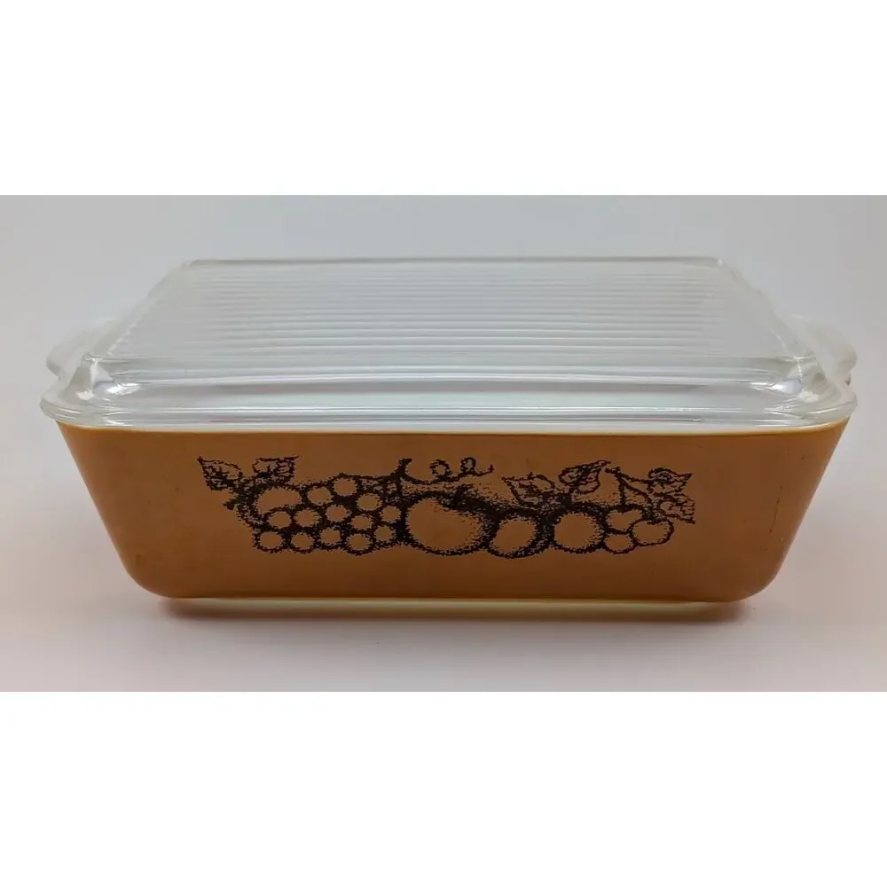 VTG Pyrex #503 “OLD ORCHARD” 1.5 QT Refrigerator Casserole Dish RIBBED LID